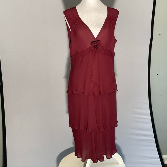Yves Cosette Depeche Mode Sz 12, Tiered Sheer Lined Burgundy Dress, Rosette - Picture 1 of 16